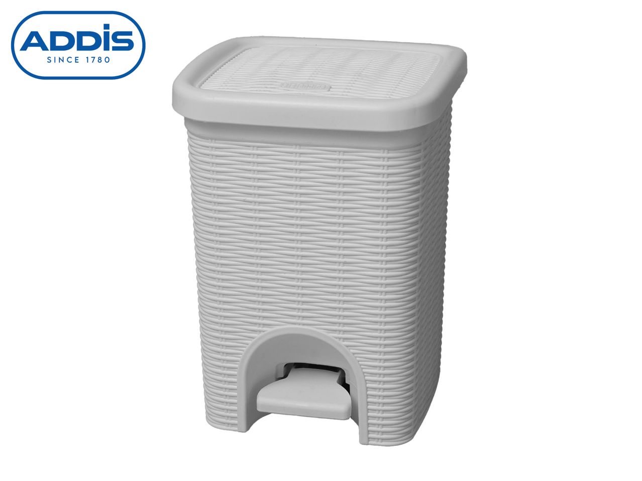 White plastic pedal bin with a woven rattan-style texture and a flat lid.