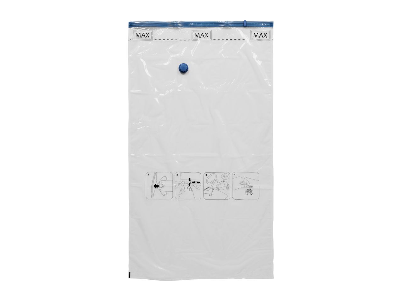 Transparent vacuum storage bag with blue zipper and valve, showing usage instructions.