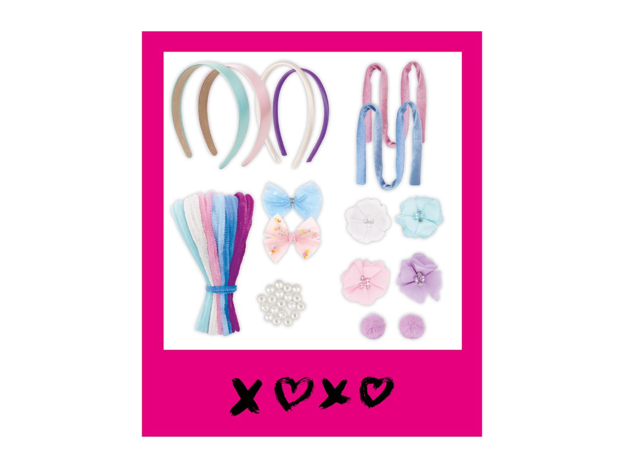 DIY hair accessory kit with headbands, pipe cleaners, bows, flowers, pearls, and pom-poms.