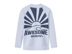 White long-sleeve rash guard with a dark blue sun, wave, and 'AWESOME wave' graphic on the back.