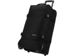 Black soft-sided rolling duffel bag with an extendable handle and compression straps.