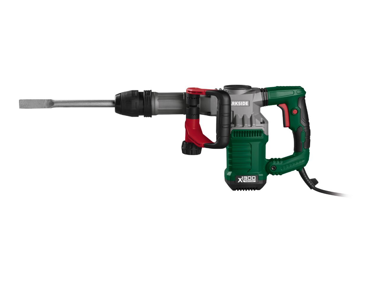 Green and grey demolition hammer with a chisel attachment and a black power cord.