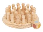 Wooden board game with pawns and a colored dice