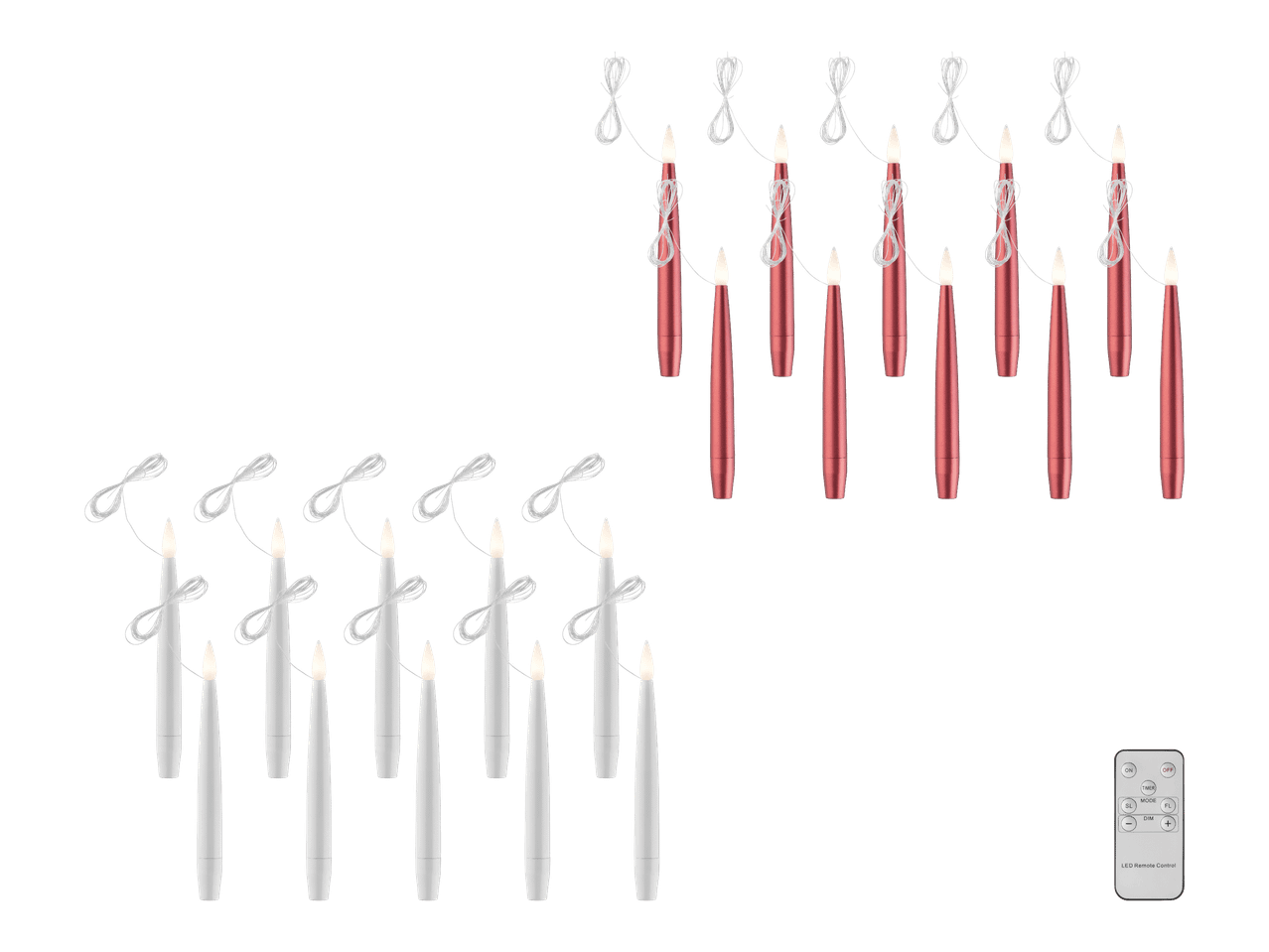 Kaksi sarjaa LED-kynttilöitä, toinen punainen ja toinen valkoinen, sekä kaukosäädin.