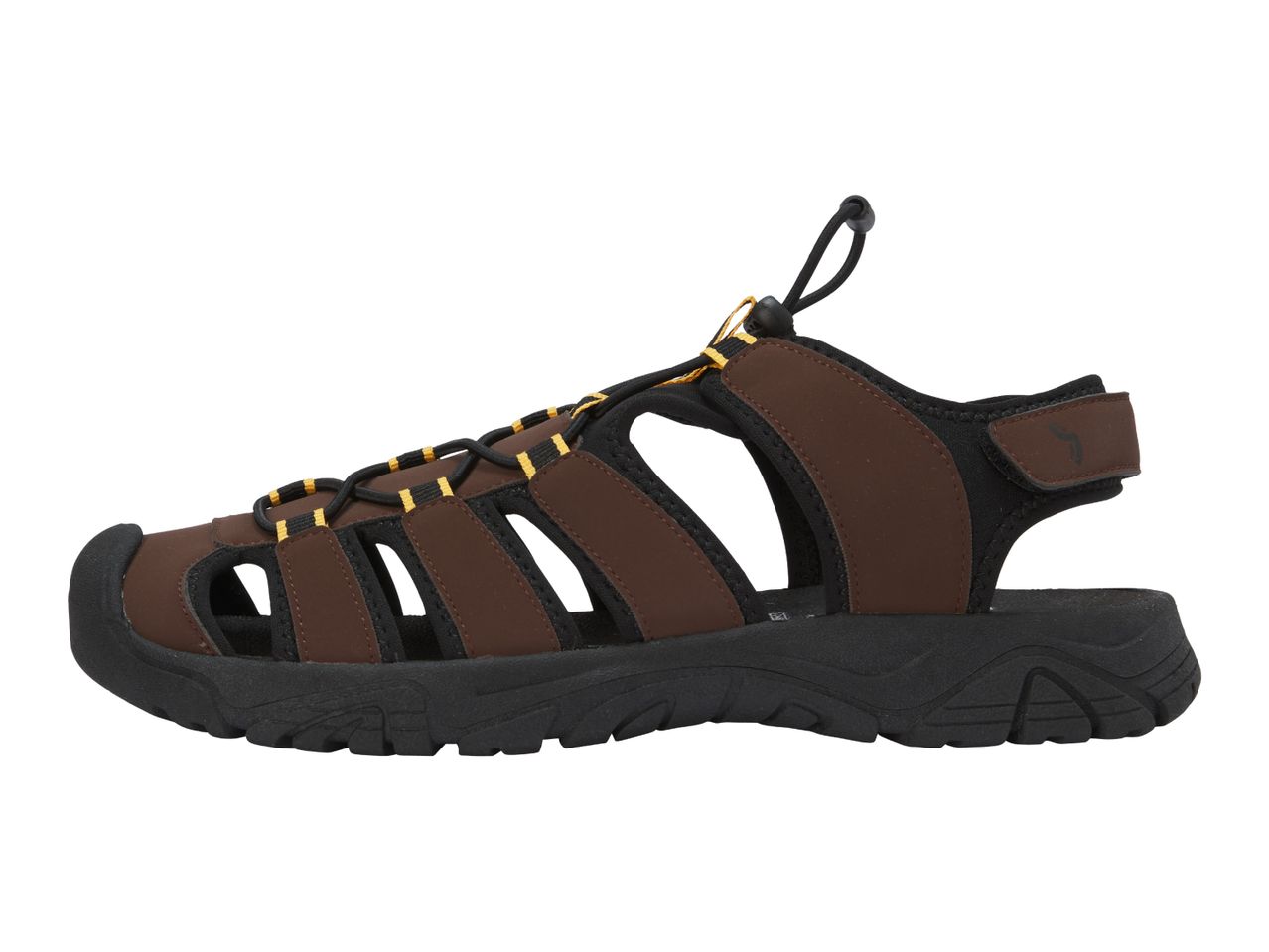 Brown and black men's outdoor sandal with adjustable bungee lacing and a sturdy sole.