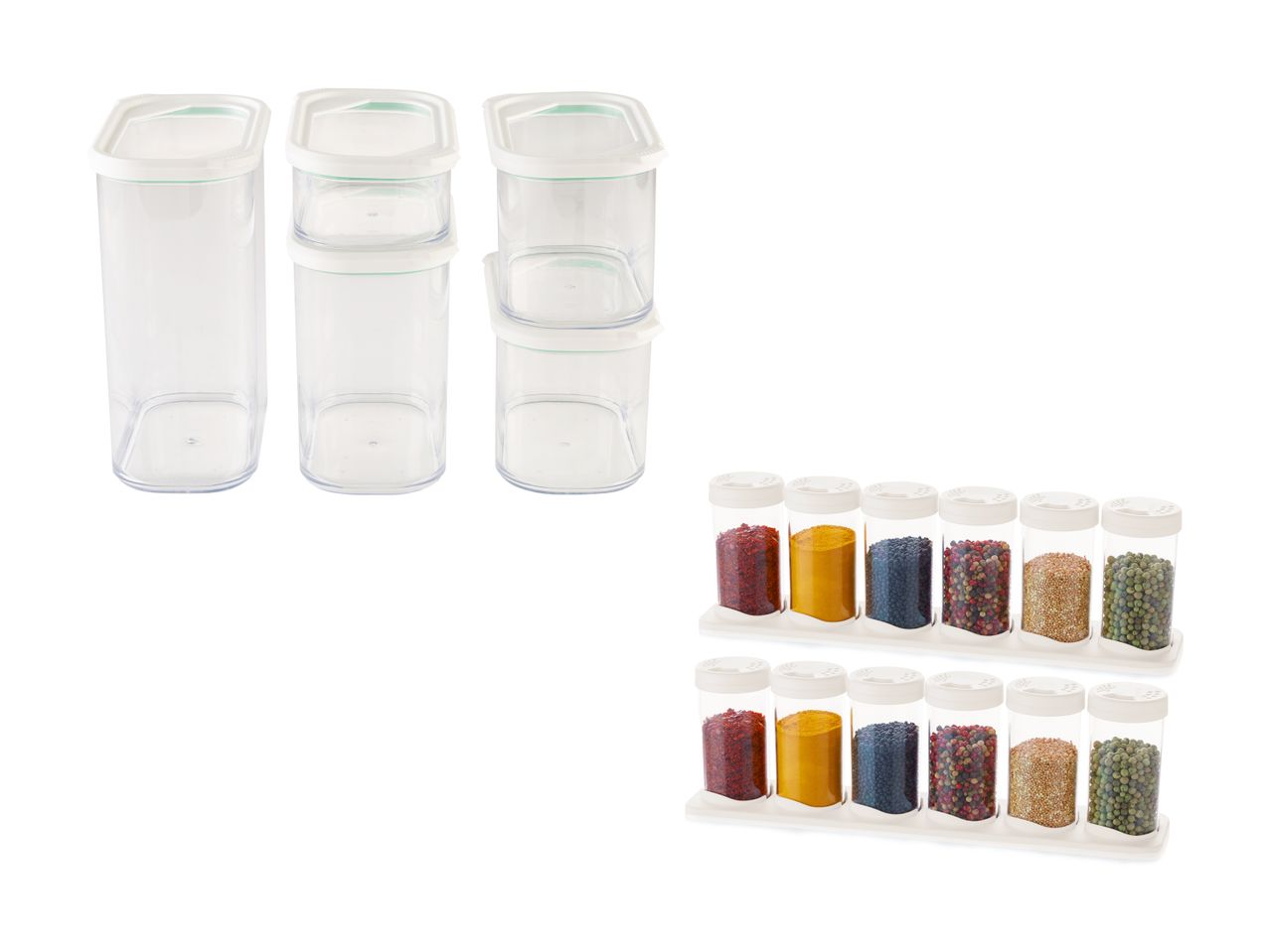 Gennemsigtige opbevaringsbeholdere og krydderiglas med farverige krydderier.