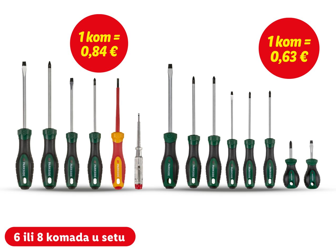Set odvijača Parkside s različitim veličinama i vrstama, uključujući cijene po komadu.