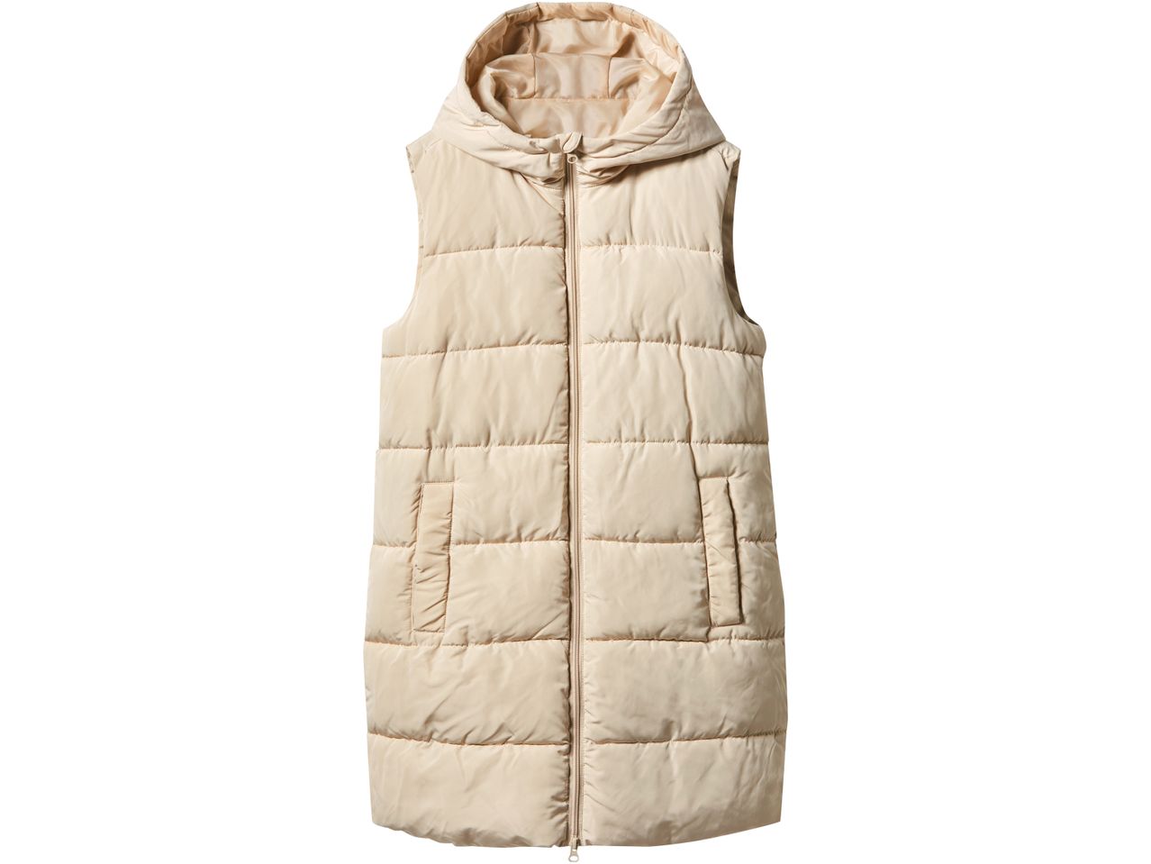 Gilet lungo imbottito color crema con cappuccio e cerniera frontale