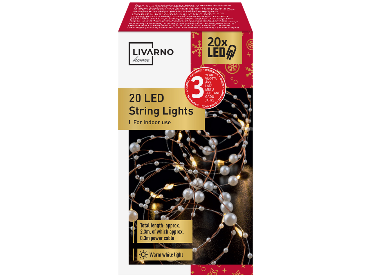 LIVARNO home 20 LED girlianda su perlais, šilta balta šviesa, bendras ilgis 2,3m.