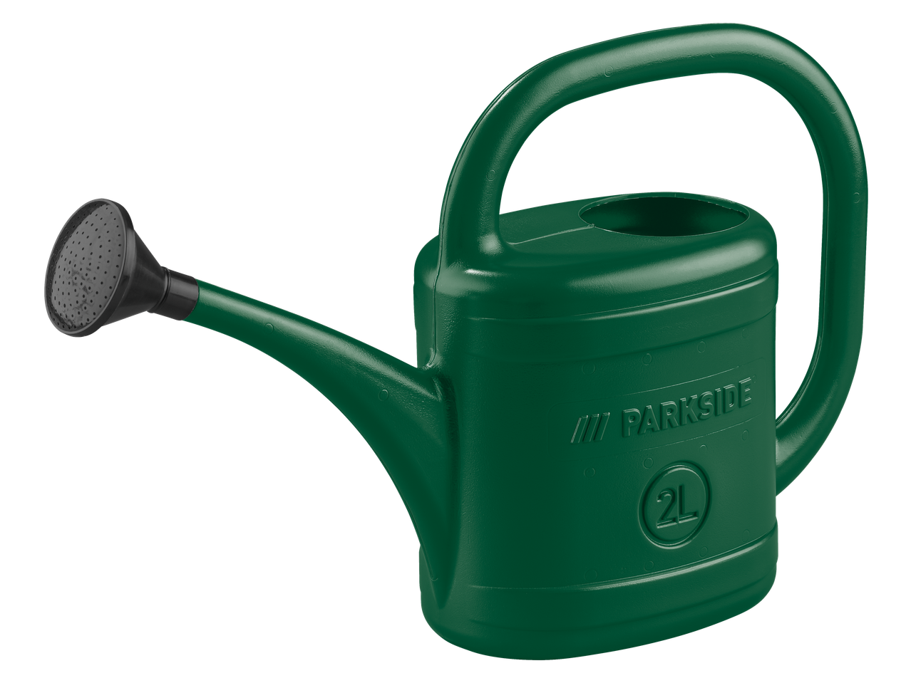 Zaļa PARKSIDE 2L laistīšanas kanna ar smidzinātāju un rokturi.