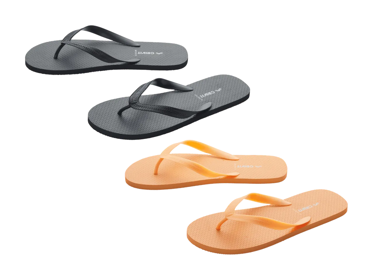 Vier Paar Flip-Flops in Grau und Orange, mit strukturierten Sohlen und Riemen.