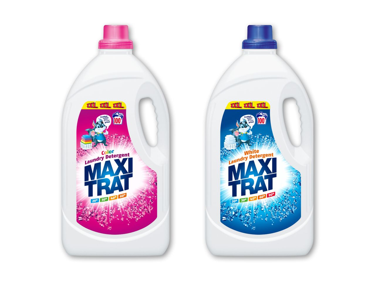 To Maxi Trat vaskemiddelflasker, en lyserød og en blå.
