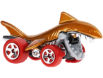 Hot Wheels Toy Car Assortment: Gold shark-themed toy car with red wheels.