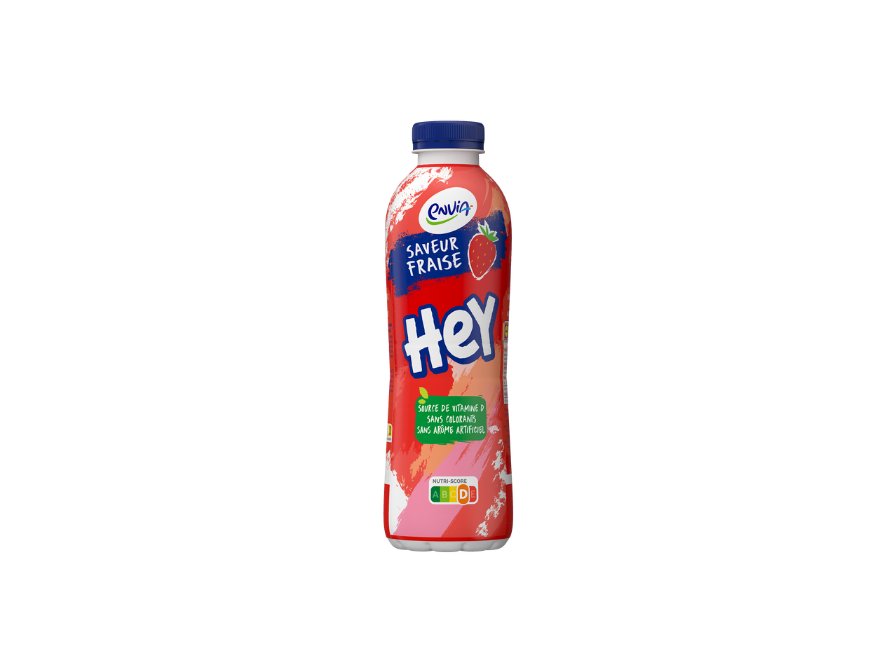Bouteille de yaourt à boire Envia saveur fraise, source de vitamine D, sans colorants ni arômes artificiels.