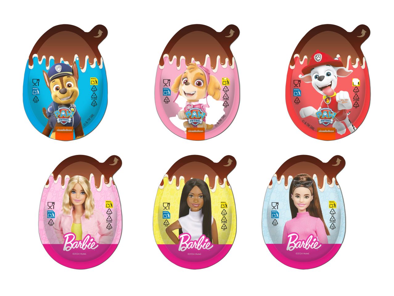 Šest čokoladnih jajc z igračami Paw Patrol in Barbie.