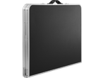 CRIVIT Camping Table, folded, with a black surface and silver aluminum frame.
