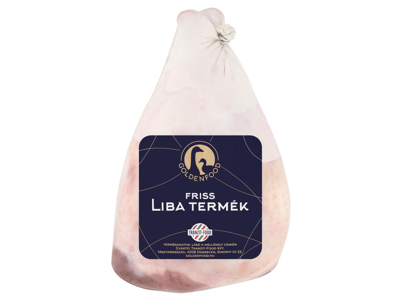 Goldenfood friss libatermék, sötétkék címkével és arany logóval.