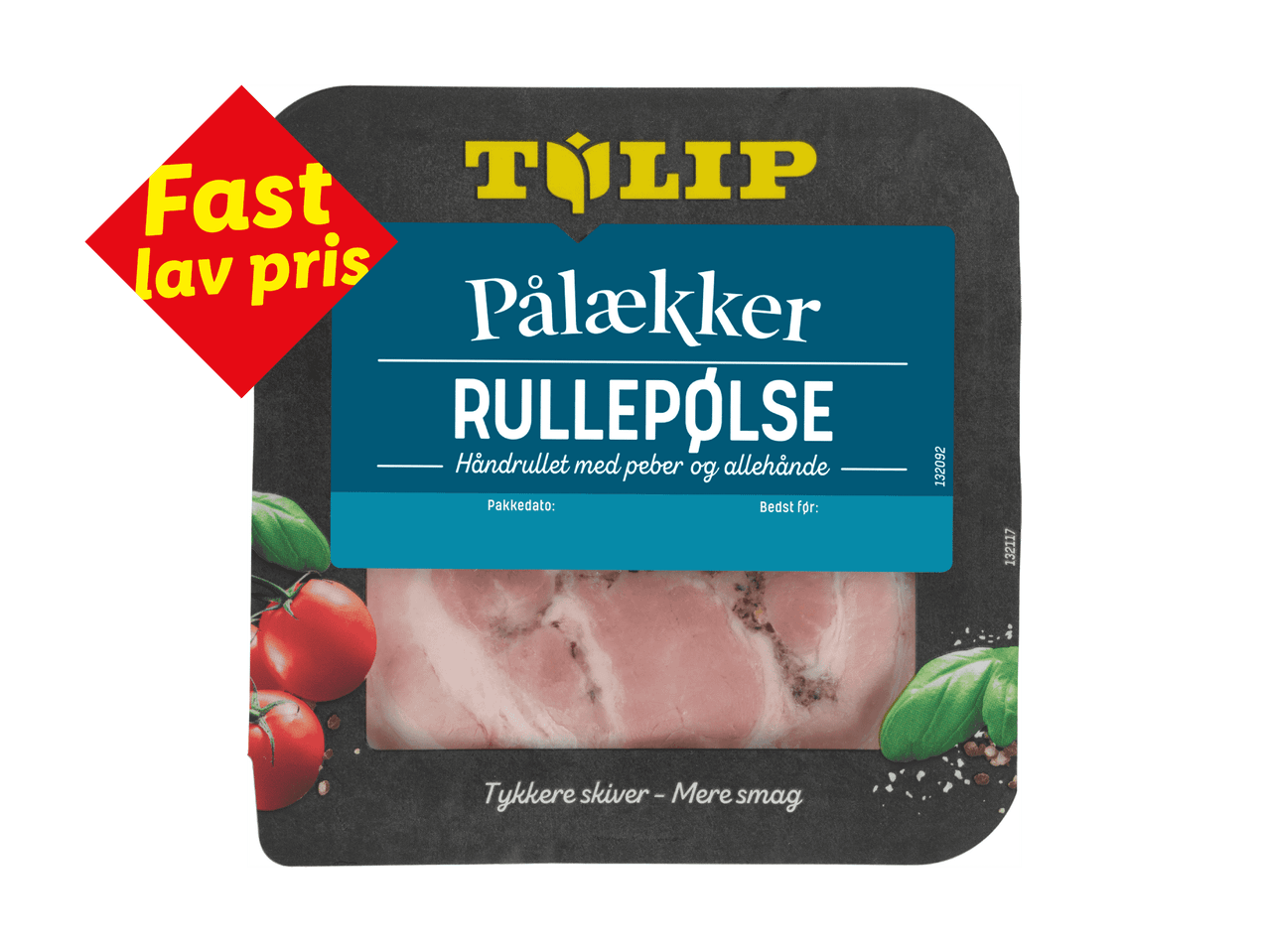 Pålækker rullepølse med peber og allehånde, med teksten 'Fast lav pris'.