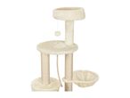 Cream-coloured cat tree with scratching posts, platforms, a hammock and a hanging toy