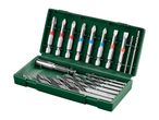 A Bosch drill bit and accessory set in a green plastic case.