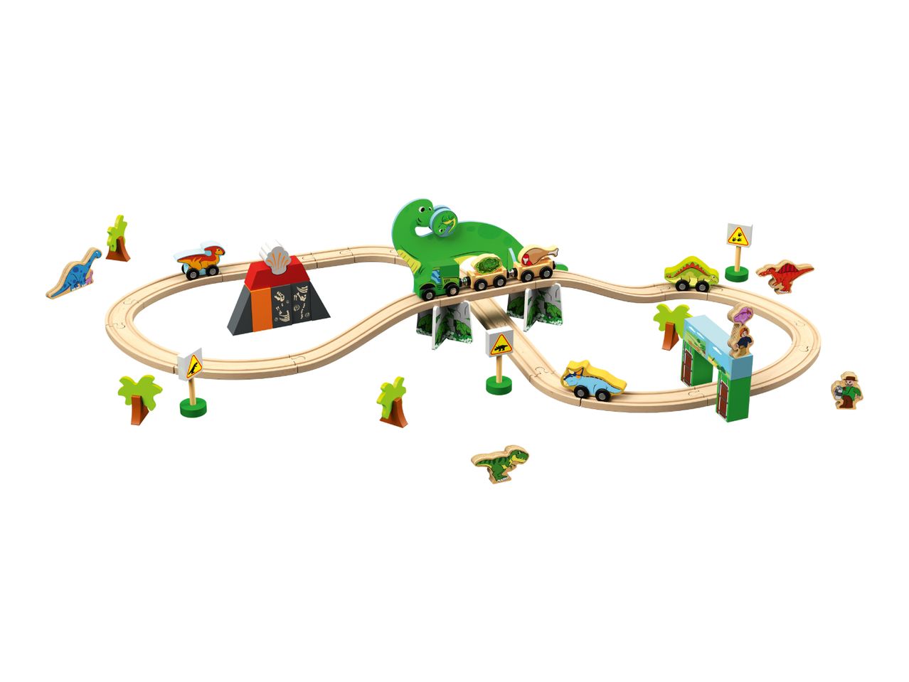 Wooden dinosaur-themed train set with tracks, volcano, bridge, and various dinosaur figures.