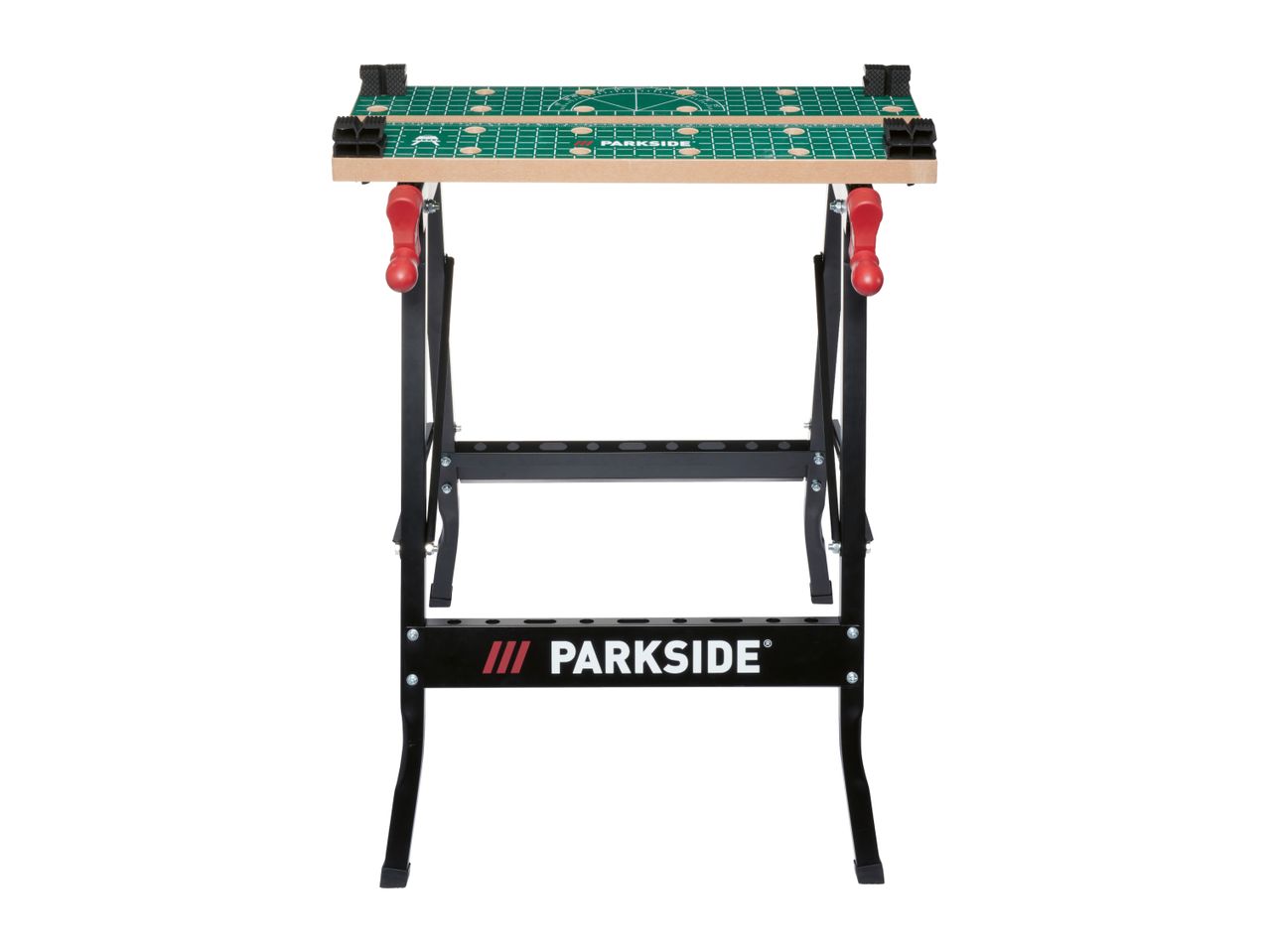 A black and green Parkside workbench with a wooden top and red handles.