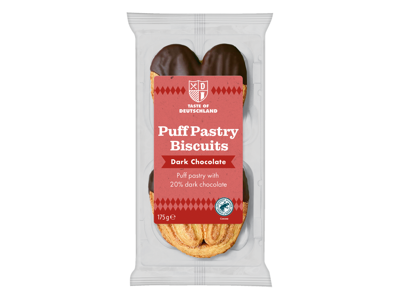Alpenfest Koekjes met chocolade: bladerdeegkoekjes met 20% pure chocolade, 175g.