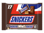 Verpakking met 17 mini chocoladerepen, met een opengebroken reep die de vulling toont.