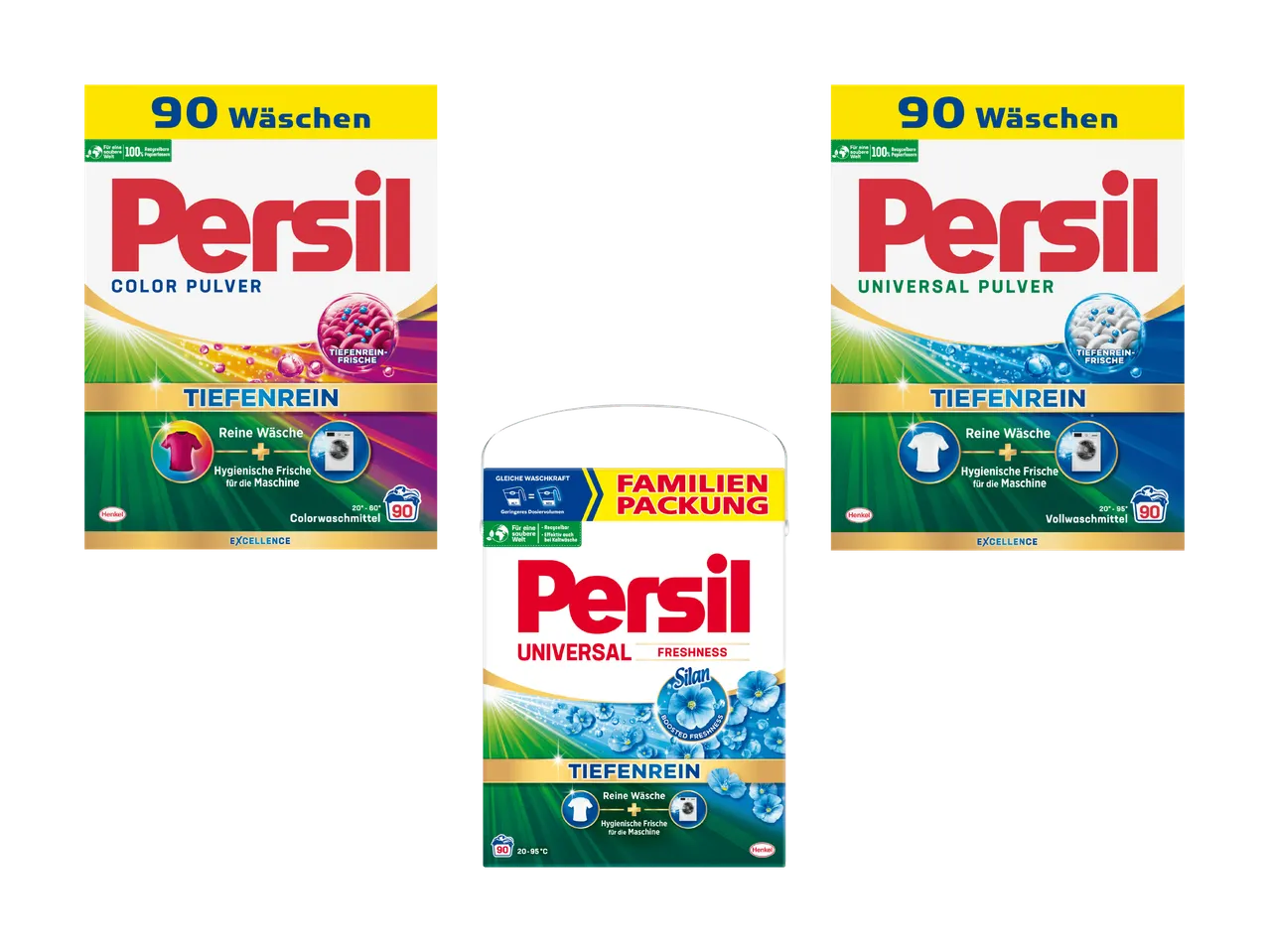 Drei Persil-Waschmittelpackungen, zwei Pulver und ein Flüssigwaschmittel, mit Hinweisen auf Frische und Sauberkeit.