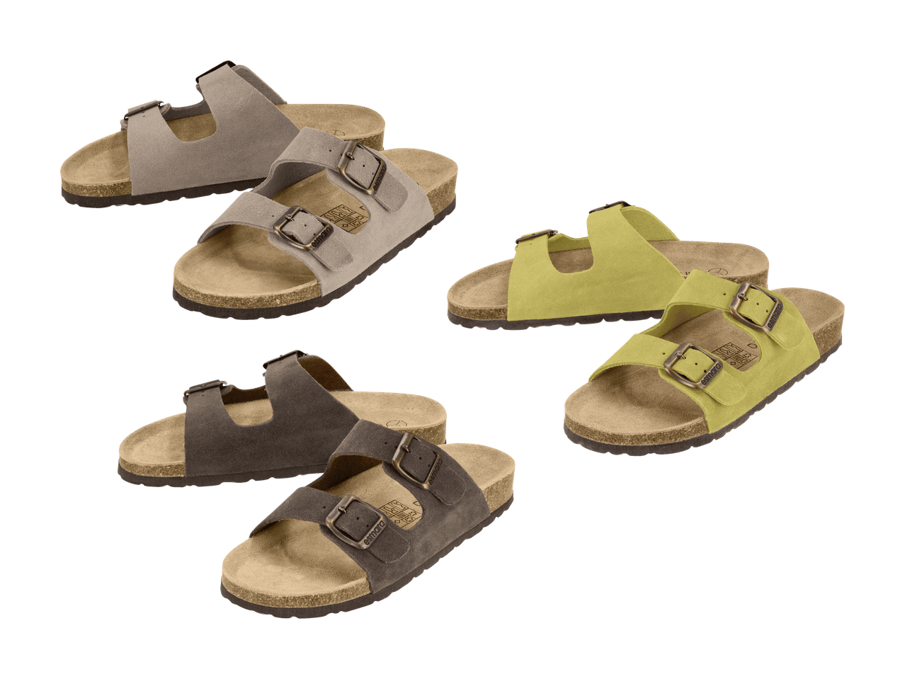 Sandali con due cinturini in camoscio grigio chiaro, marrone scuro e verde lime.