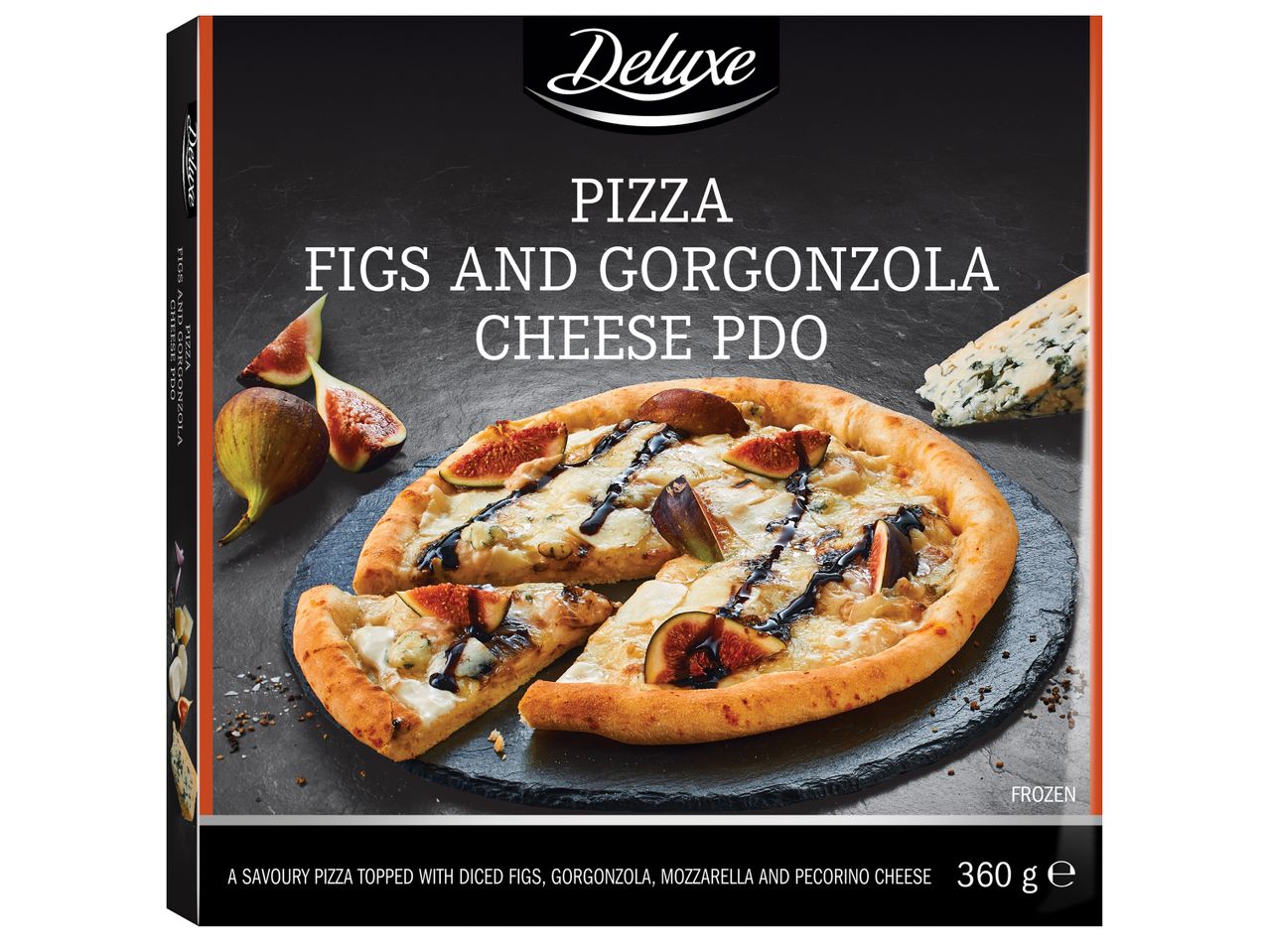 Кутия с пица Deluxe със смокини и сирене горгонзола, показваща готова пица с резени смокини и сирене.