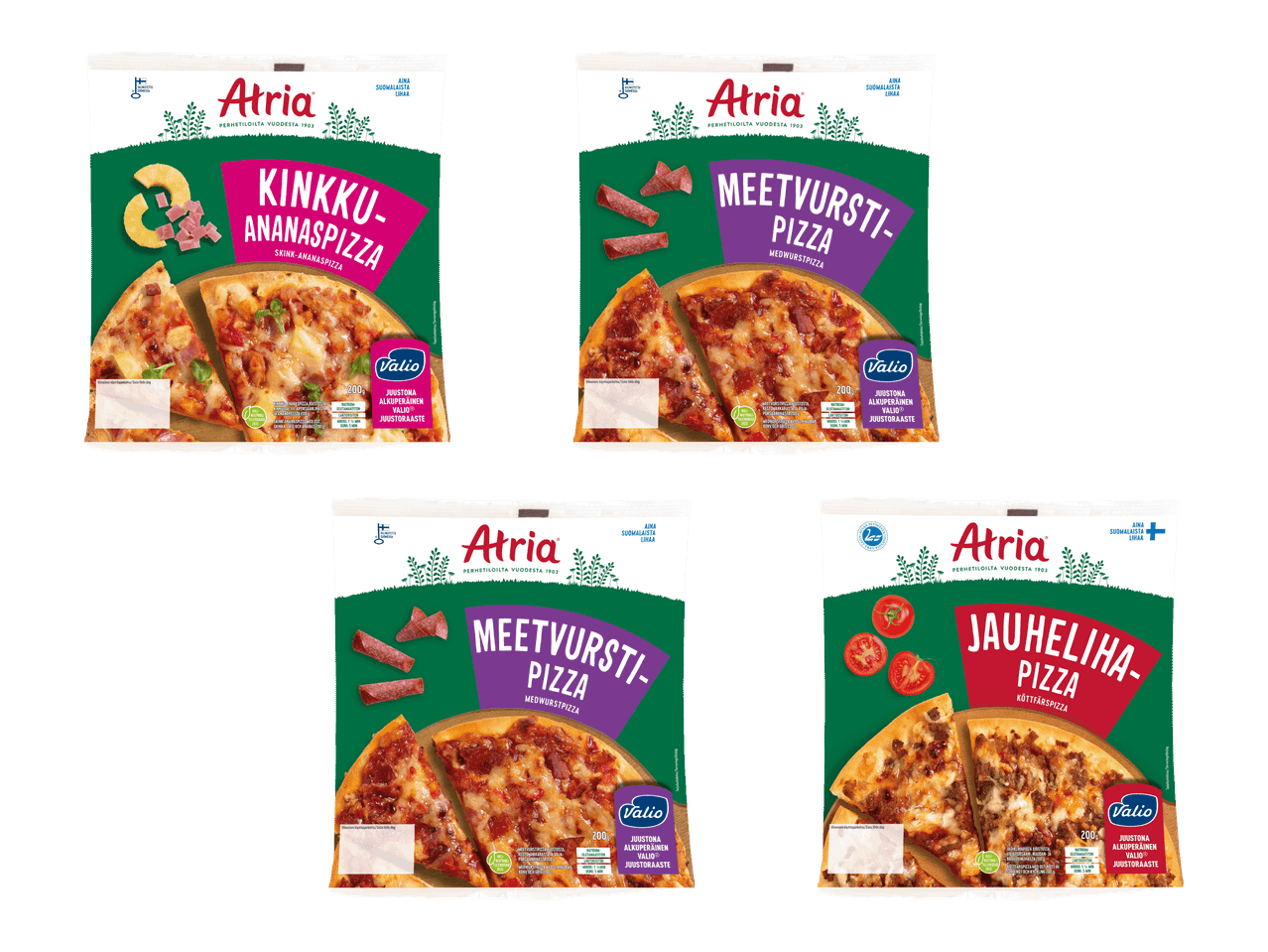 Neljä erilaista pakastepizzaa: kinkku-ananas, meetvursti ja jauheliha.