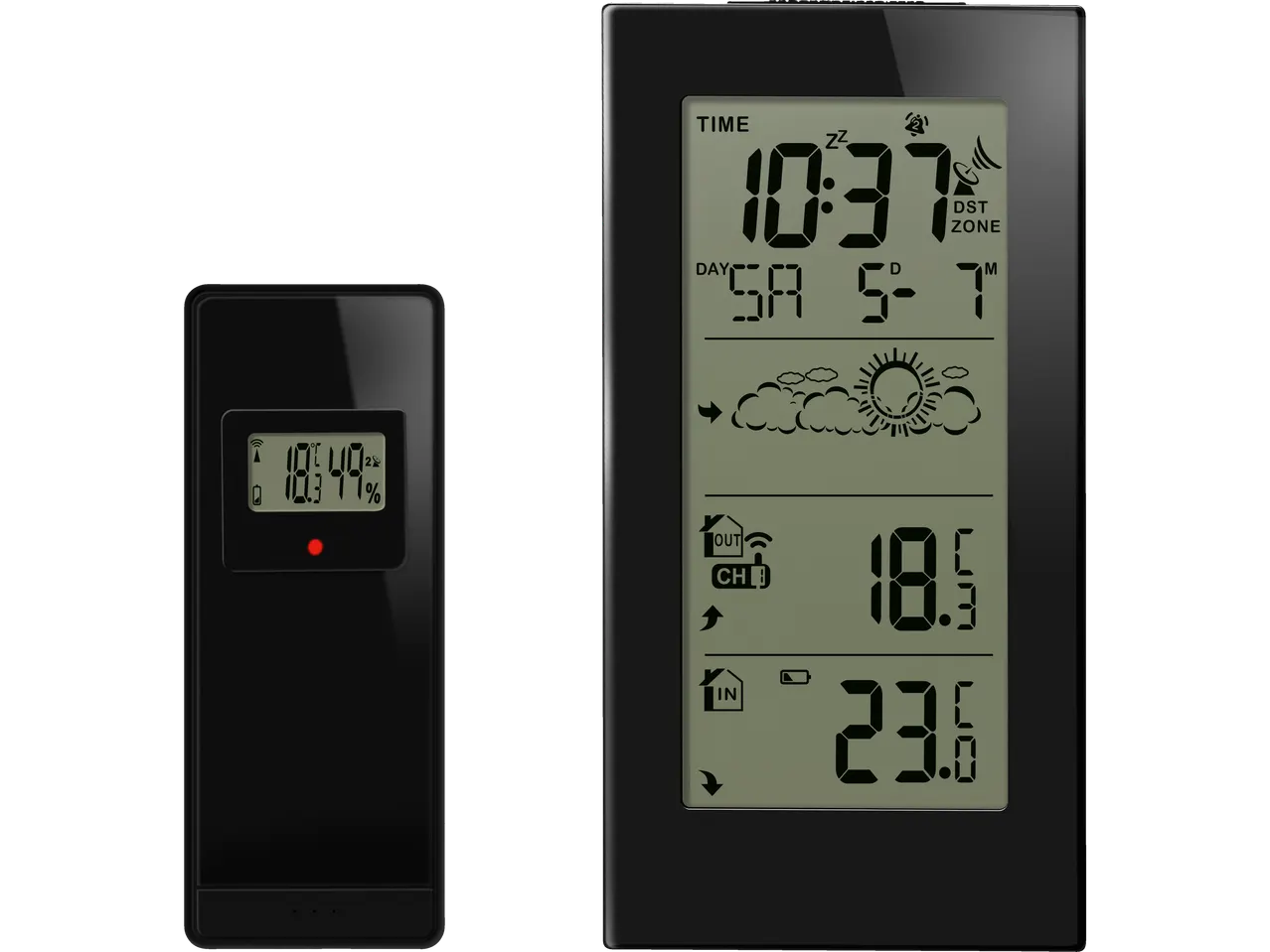 Stație meteo digitală cu ecran LCD care afișează ora, temperatura interioară și exterioară, umiditatea și ziua săptămânii.
