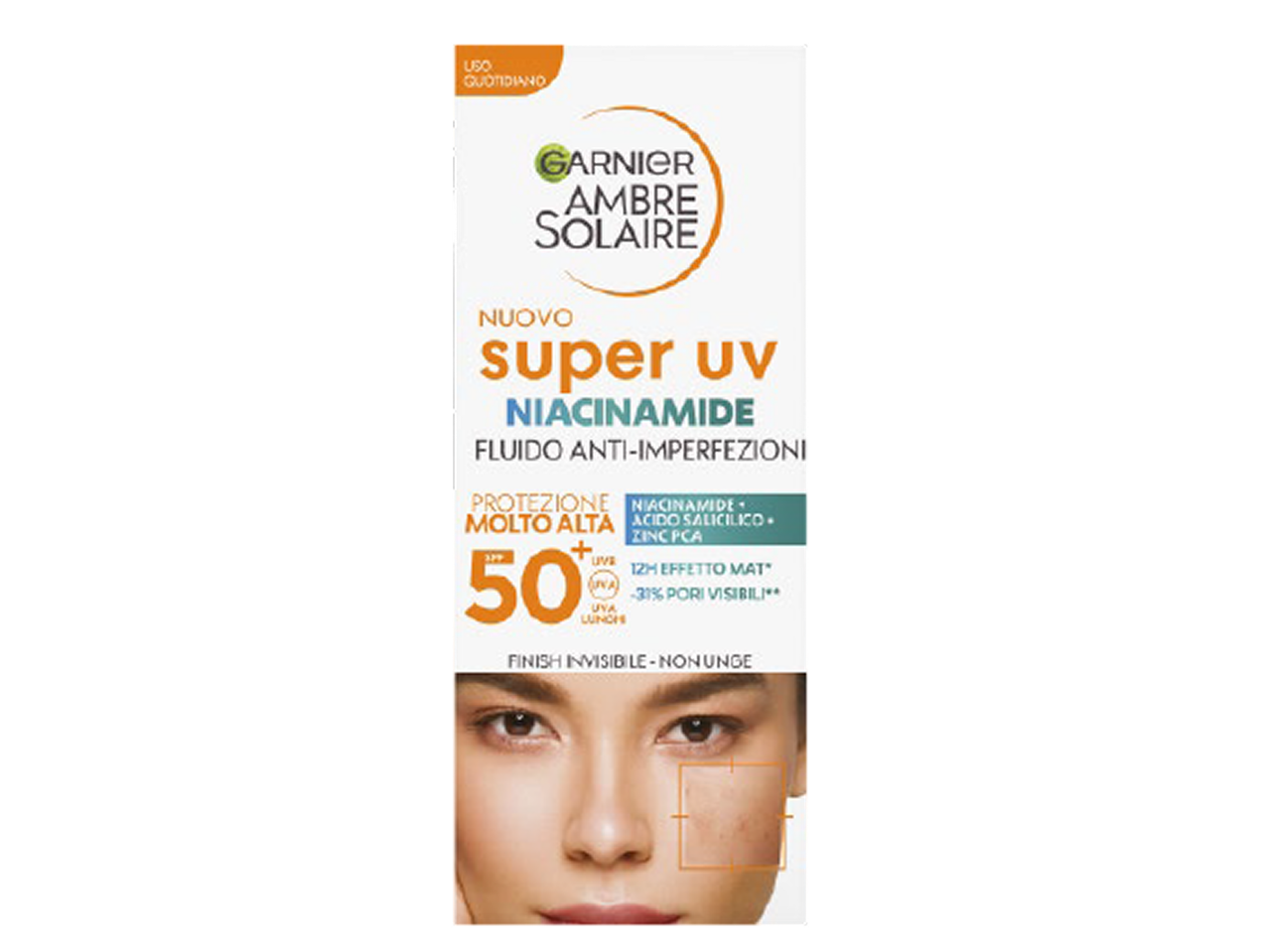 Protetor solar facial com niacinamida, FPS 50+, acabamento invisível e efeito matificante.