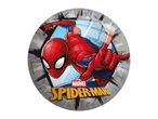 Round paper plate featuring a Spider-Man graphic with city buildings in the background.