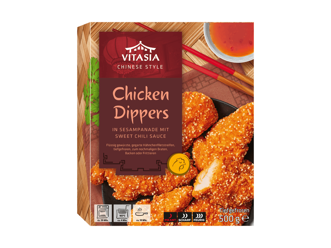 Hähnchen-Dipper in Sesampanade mit Sweet Chili Sauce, tiefgefroren, 500g