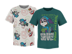 To børne-T-shirts: en hvid med Paw Patrol-mønster og en grøn med en hund og teksten 'WE'VE GOT DINOS TO SAVE!'