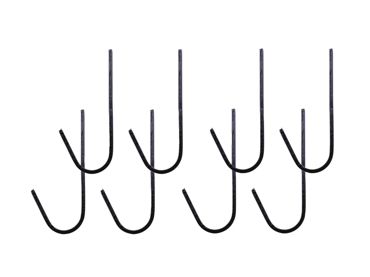 Black J-shaped hooks for hanging items.