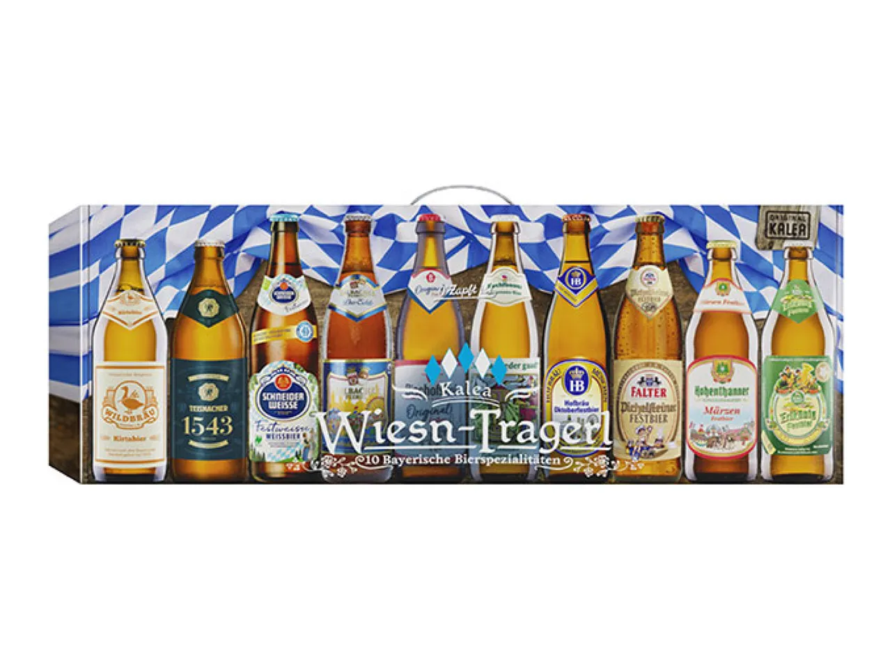 A gift box containing ten different Bavarian beer specialties in glass bottles.