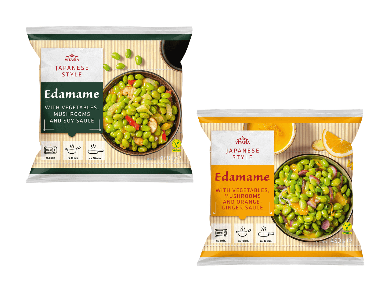 Deux paquets d'edamame de style japonais, l'un avec sauce soja et l'autre avec sauce orange-gingembre.