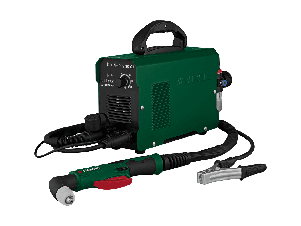 Grünes Plasmaschneidgerät mit Brenner und Masseklemme.