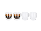 Două pahare cu pereți dubli cu cafea și două pahare goale.