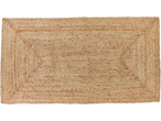 A rectangular jute rug with a braided texture and a natural, light brown color.
