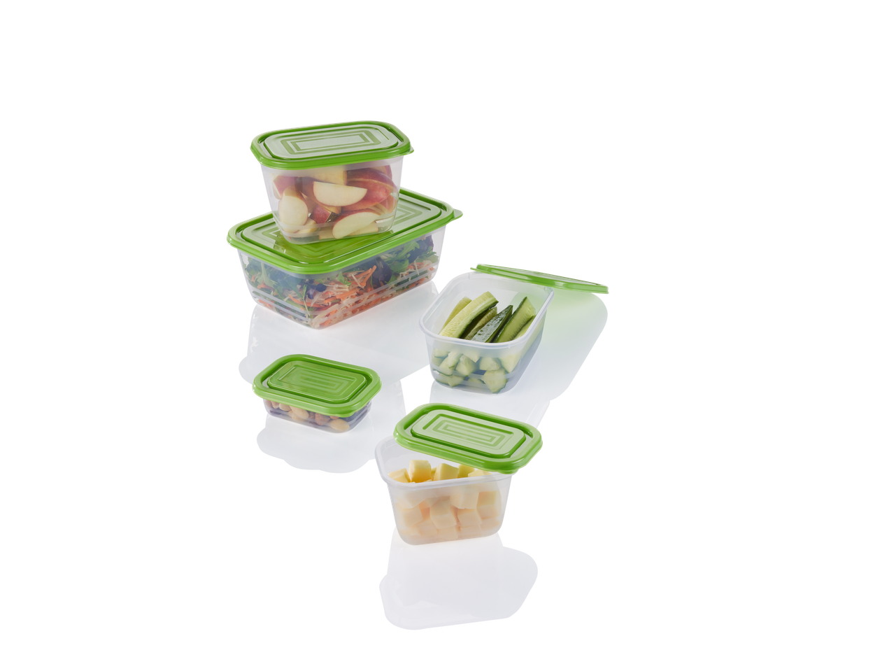 A set of stackable plastic food containers with green lids, filled with various snacks.