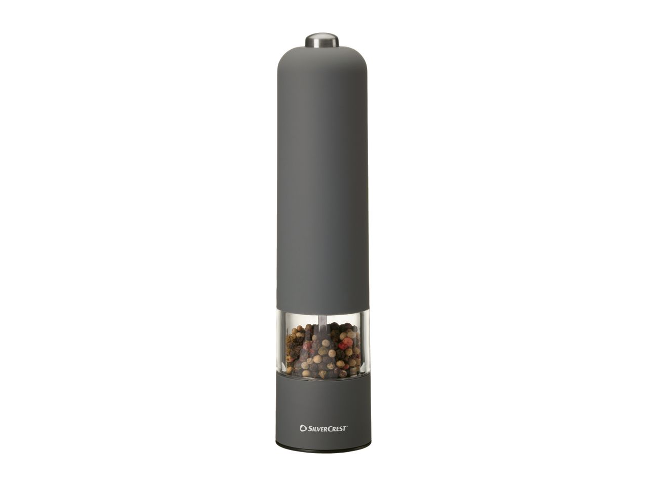 A gray SilverCrest electric pepper grinder filled with peppercorns.