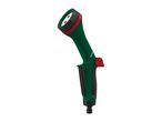 Green and red garden spray gun with an adjustable nozzle and ergonomic handle.