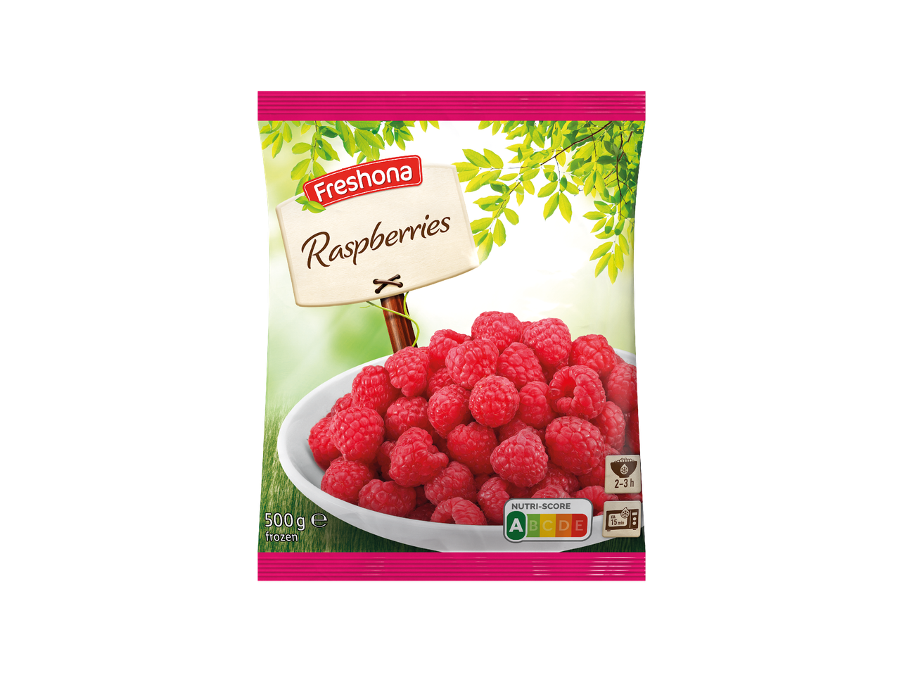 Pakiranje smrznutih malina s natpisom 'Maline' i Nutri-Score oznakom.