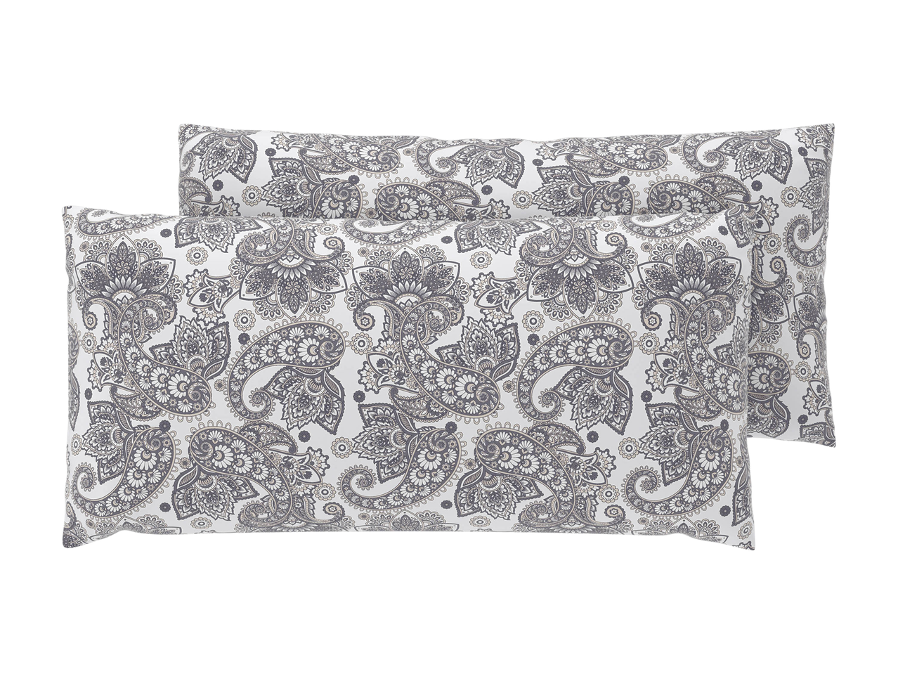 Two rectangular pillows with a gray and white paisley pattern, stacked on a black background.