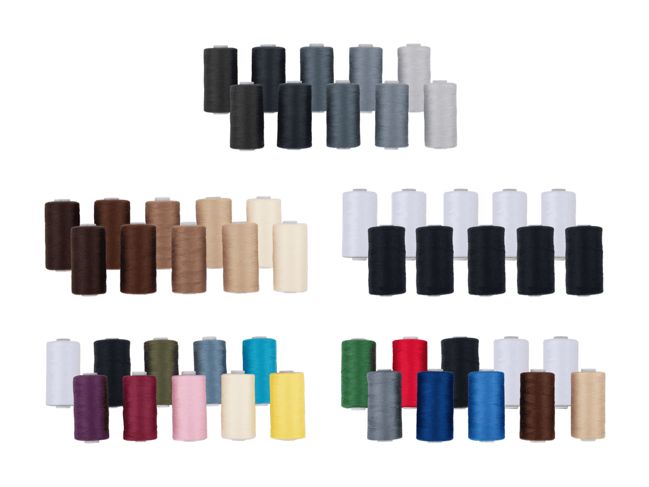 Bobines de fil à coudre de différentes couleurs, dont le gris, le marron, le blanc, le noir et des couleurs vives.