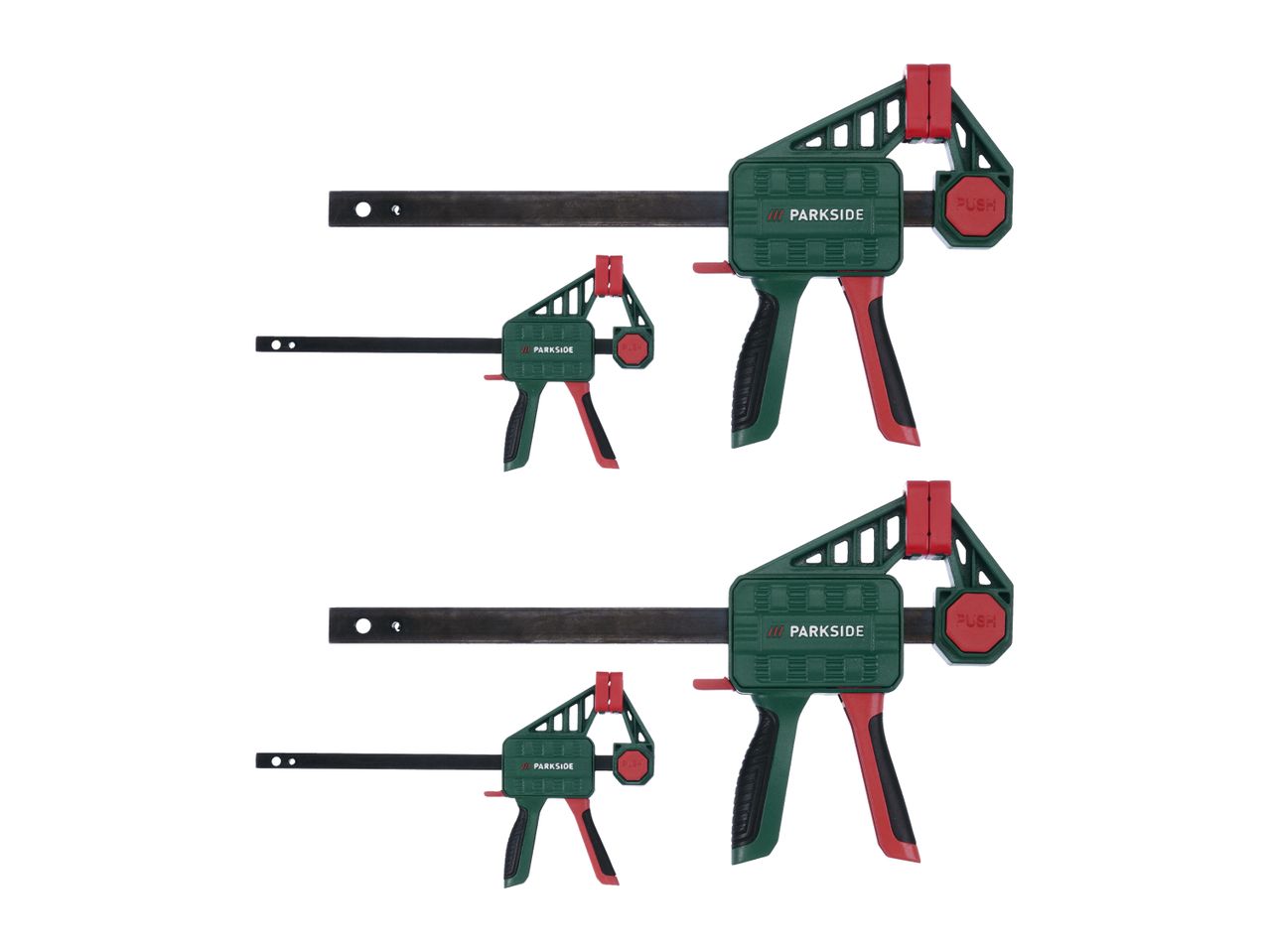 Two sets of green and red bar clamps, each set containing one large and one small clamp.